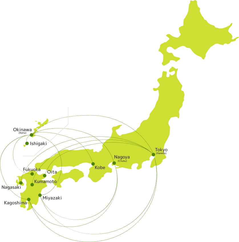 A map of Japan showing flight routes